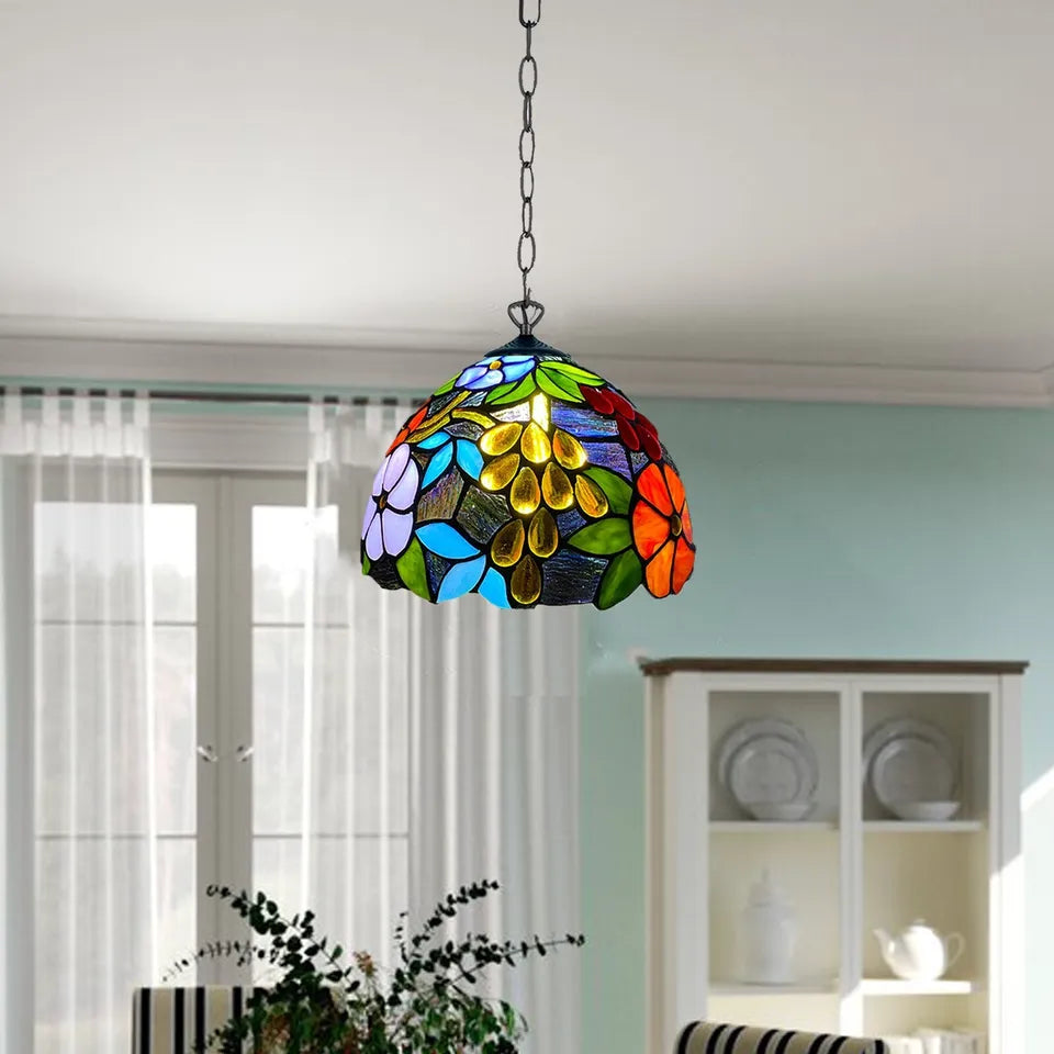 Tiffany 10 inch Flowered Style Pendant Lamp Multicolored Stained Glass Shade