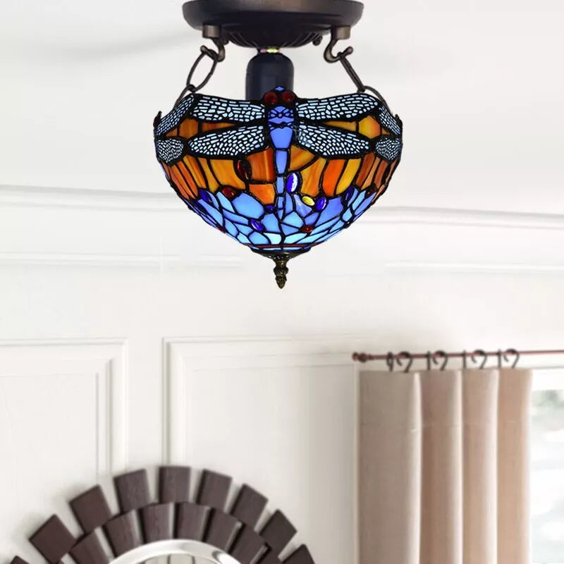 Tiffany Dragonfly Style Ceiling Lamp 10 inch Multicolored Stained Glass Shade