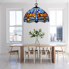 Blue & Orange Tiffany Style Pendant Lamp Dragonfly 10 inch Handmade Stained Glass
