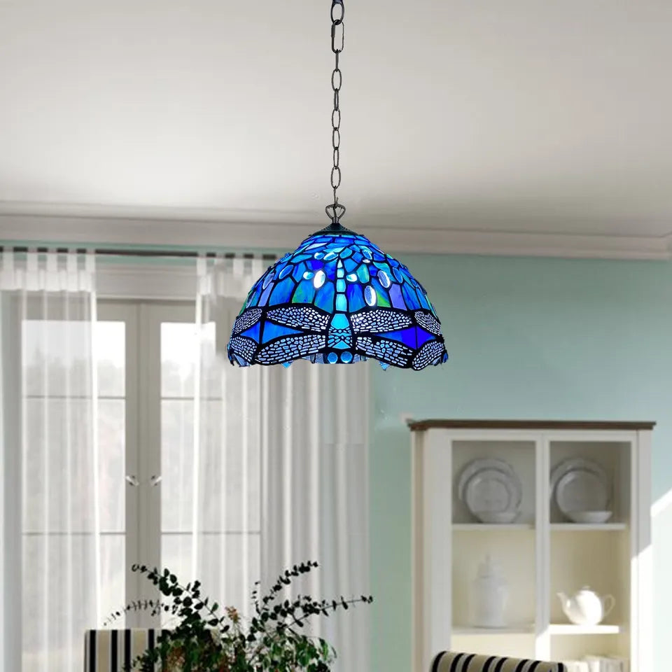 Blue & Black Dragonfly Tiffany Style Pendant Lamp 10 inch Stained Glass Shade