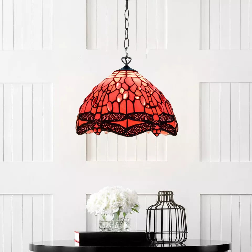 10 inch Tiffany Style Pendant Lamp Red Dragonfly Stained Glass Shade Handcrafted