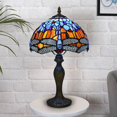 Vintage Tiffany Style Table Lamp Dragonfly Style 10 inch blue and orange Glass