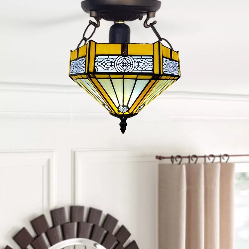 Tiffany Yellow Hexagon Ceiling Lamp 10 inch Stained Glass Shade Antique Style