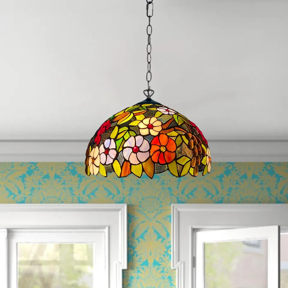 16 Inch Flowered Design Tiffany Style Stained Glass Pendent Light