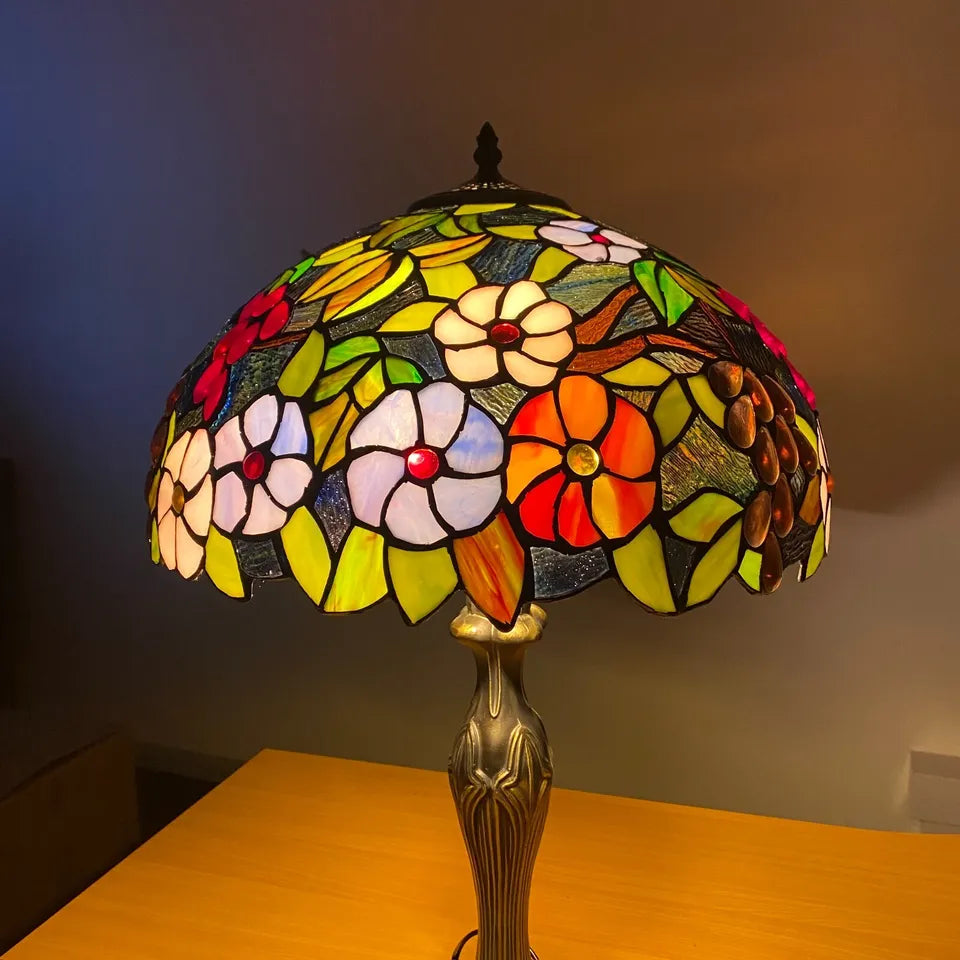 16 Inch Flower Design Tiffany Style Table Lamp Handcrafted Stained Glass Shade