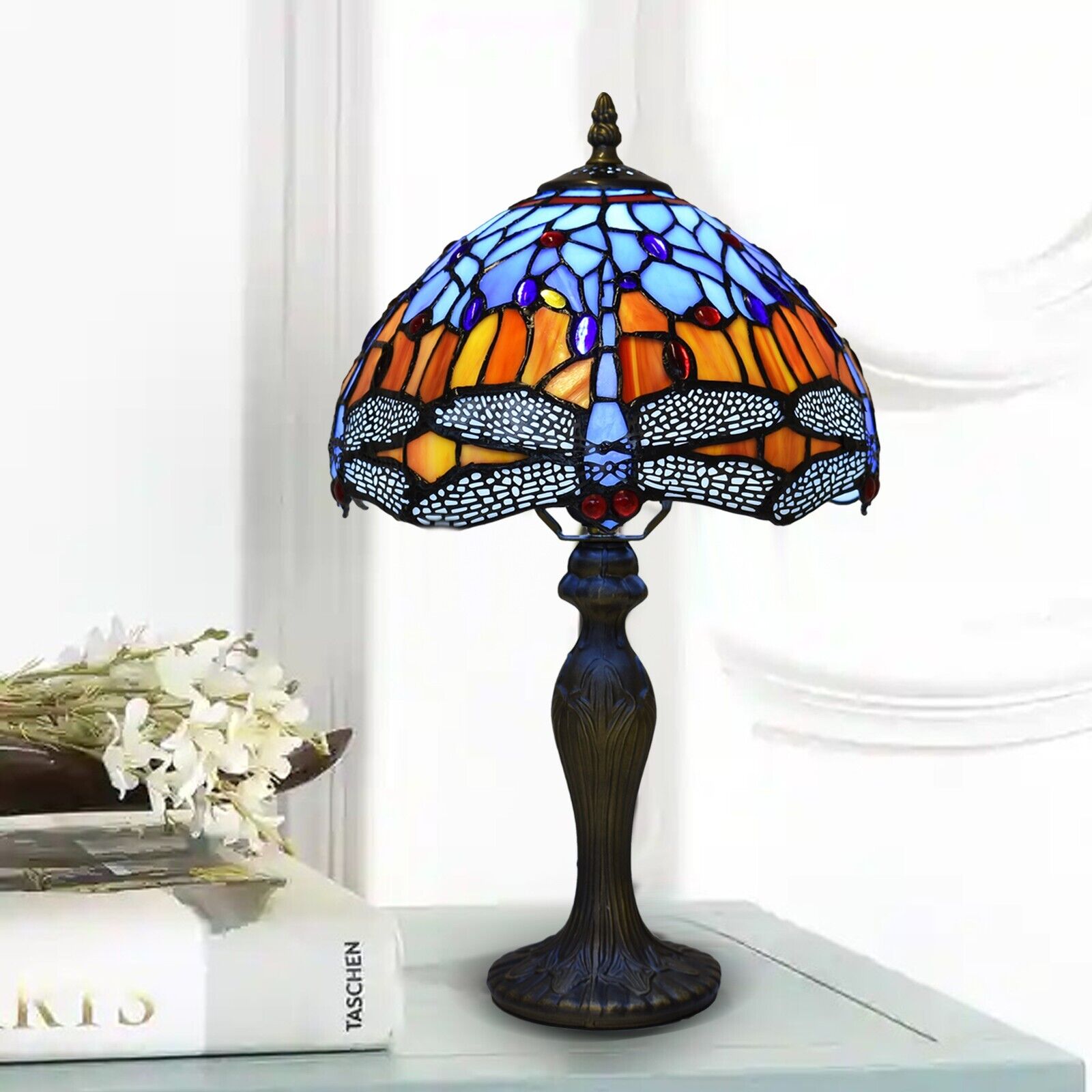 Vintage Tiffany Style Table Lamp Dragonfly Style 10 inch blue and orange Glass