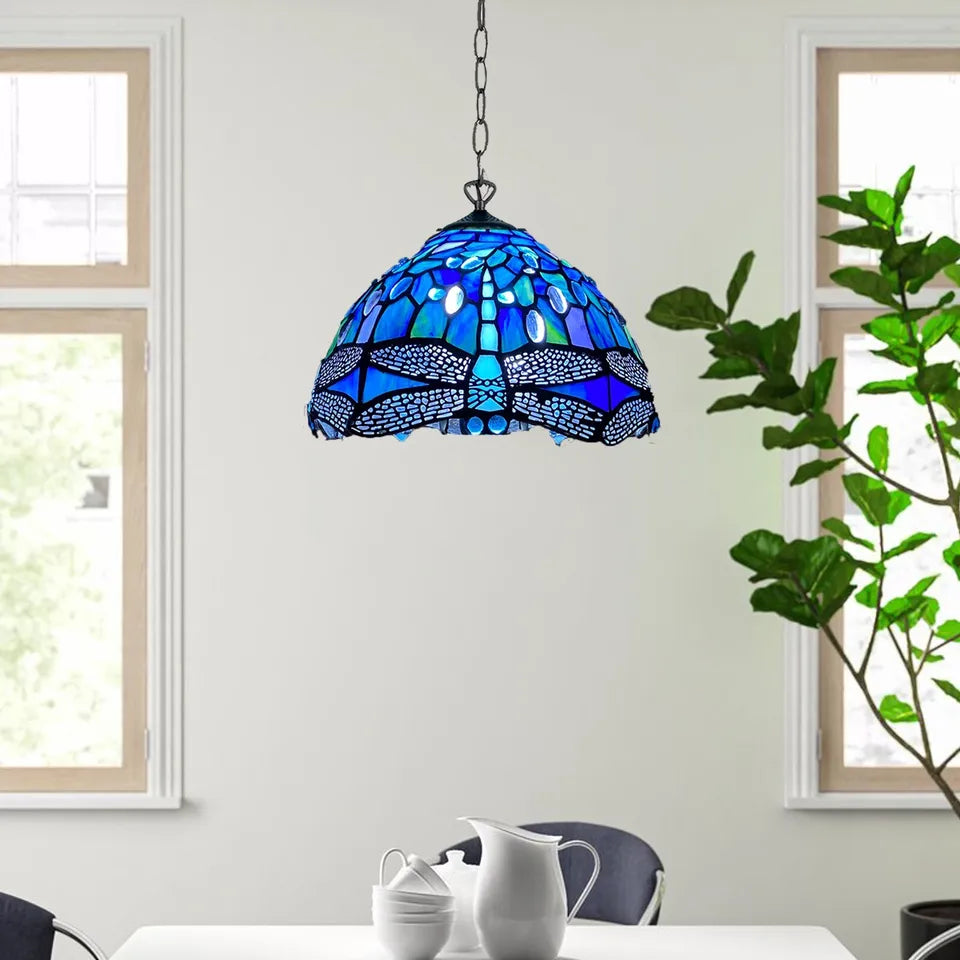 Blue & Black Dragonfly Tiffany Style Pendant Lamp 10 inch Stained Glass Shade