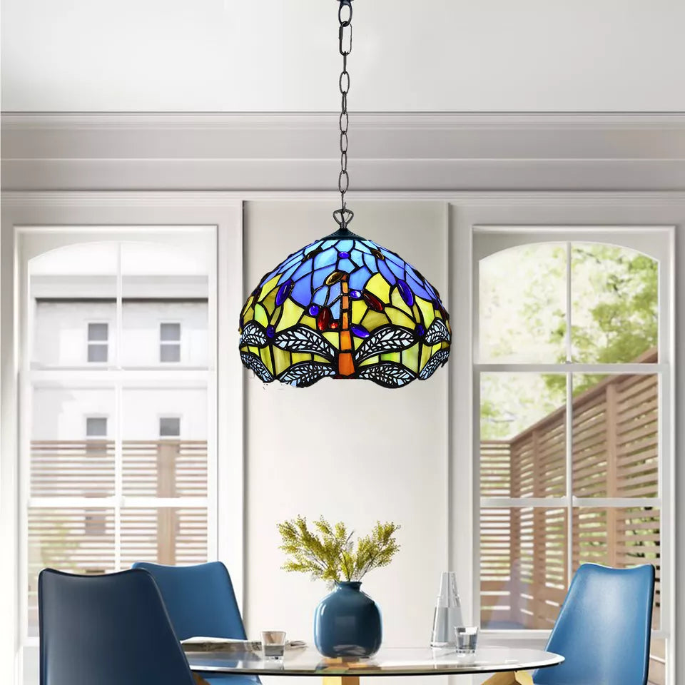 10 inch Blue & Yellow Antique Tiffany Style Pendant Lamp Dragonfly Stained Glass Shade