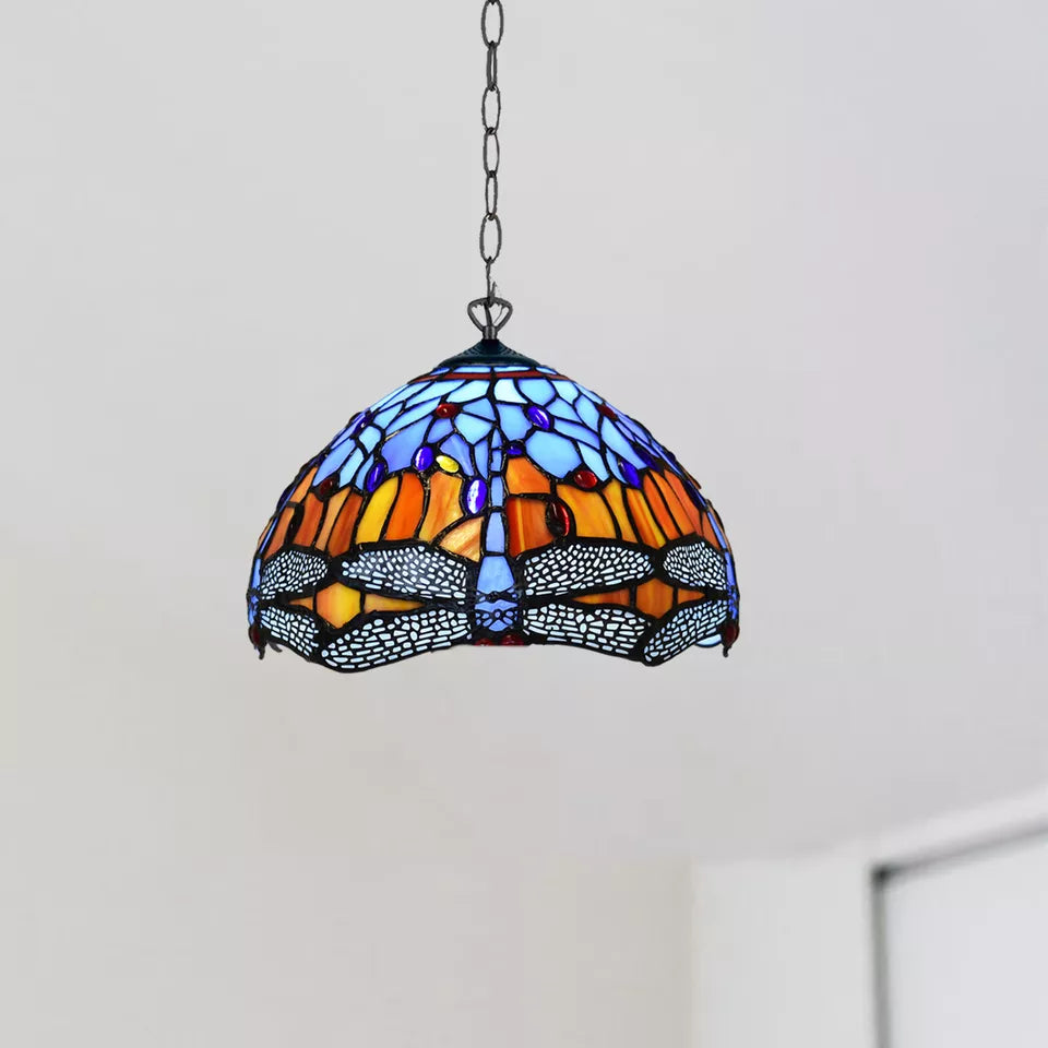 Blue & Orange Tiffany Style Pendant Lamp Dragonfly 10 inch Handmade Stained Glass