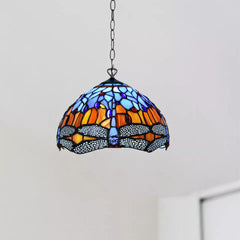 Blue & Orange Tiffany Style Pendant Lamp Dragonfly 10 inch Handmade Stained Glass