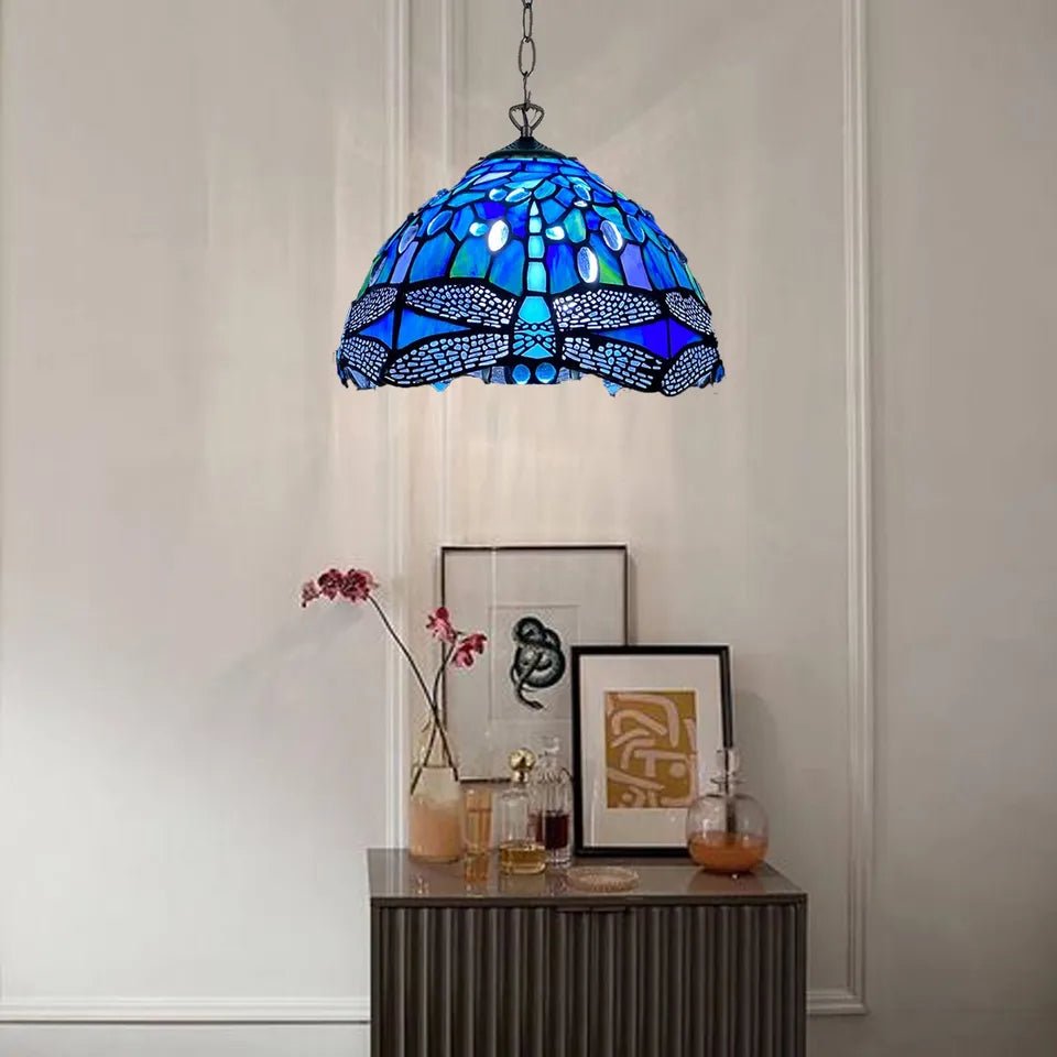 Blue & Black Dragonfly Tiffany Style Pendant Lamp 10 inch Stained Glass Shade