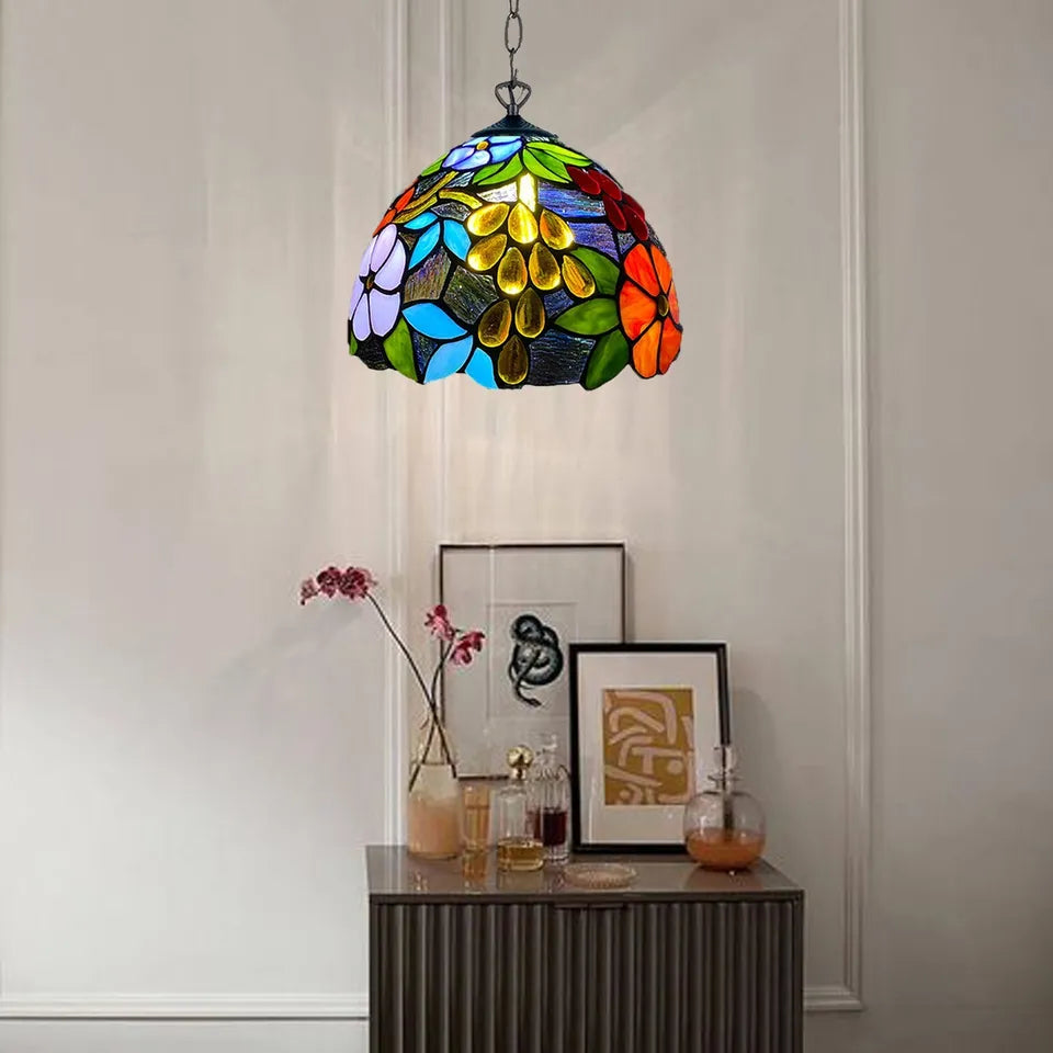 Tiffany 10 inch Flowered Style Pendant Lamp Multicolored Stained Glass Shade