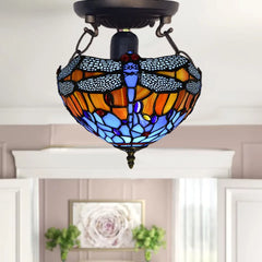 Tiffany Dragonfly Style Ceiling Lamp 10 inch Multicolored Stained Glass Shade