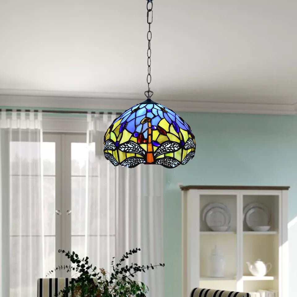 10 inch Blue & Yellow Antique Tiffany Style Pendant Lamp Dragonfly Stained Glass Shade