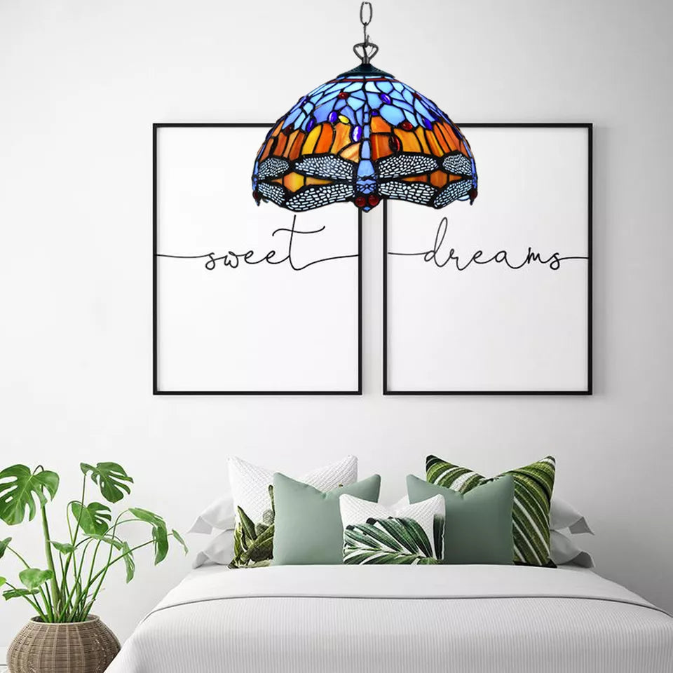 Blue & Orange Tiffany Style Pendant Lamp Dragonfly 10 inch Handmade Stained Glass