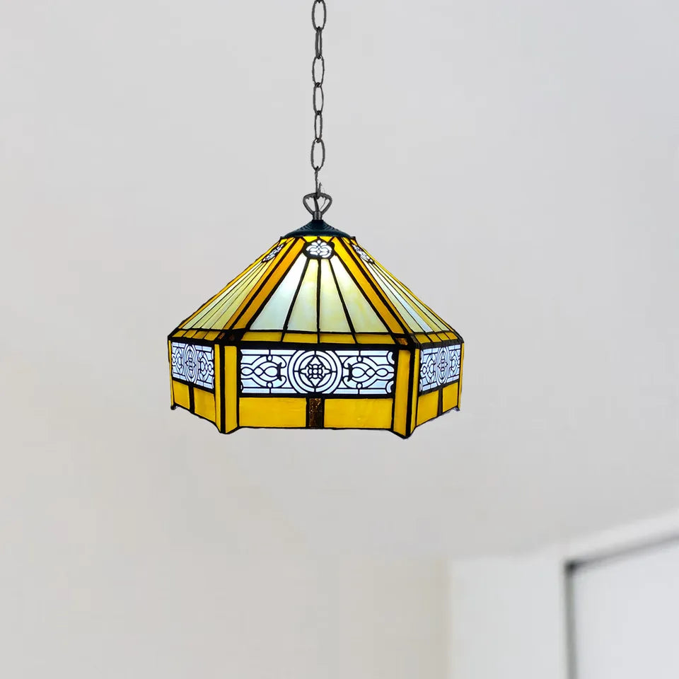 Yellow Hexagon Tiffany Style Stained Glass Shade 10 Inch Pendent Lamp Antique Style