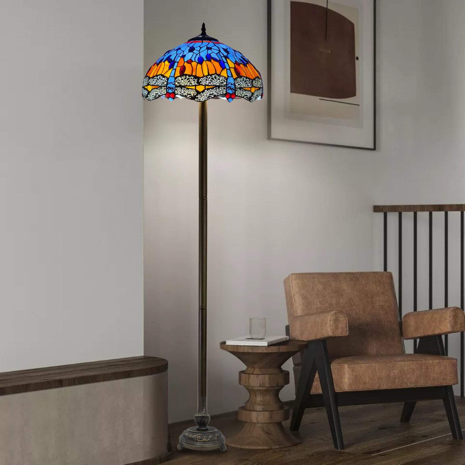 blue and orange 16 inch dragonfly stained glass tiffany style floor lamp placed in a corner beside table and chair
