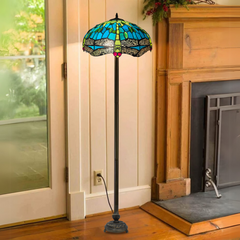 16 inch green stained glass dragonfly tiffany floor lamp placed in a living room with wooden flooring