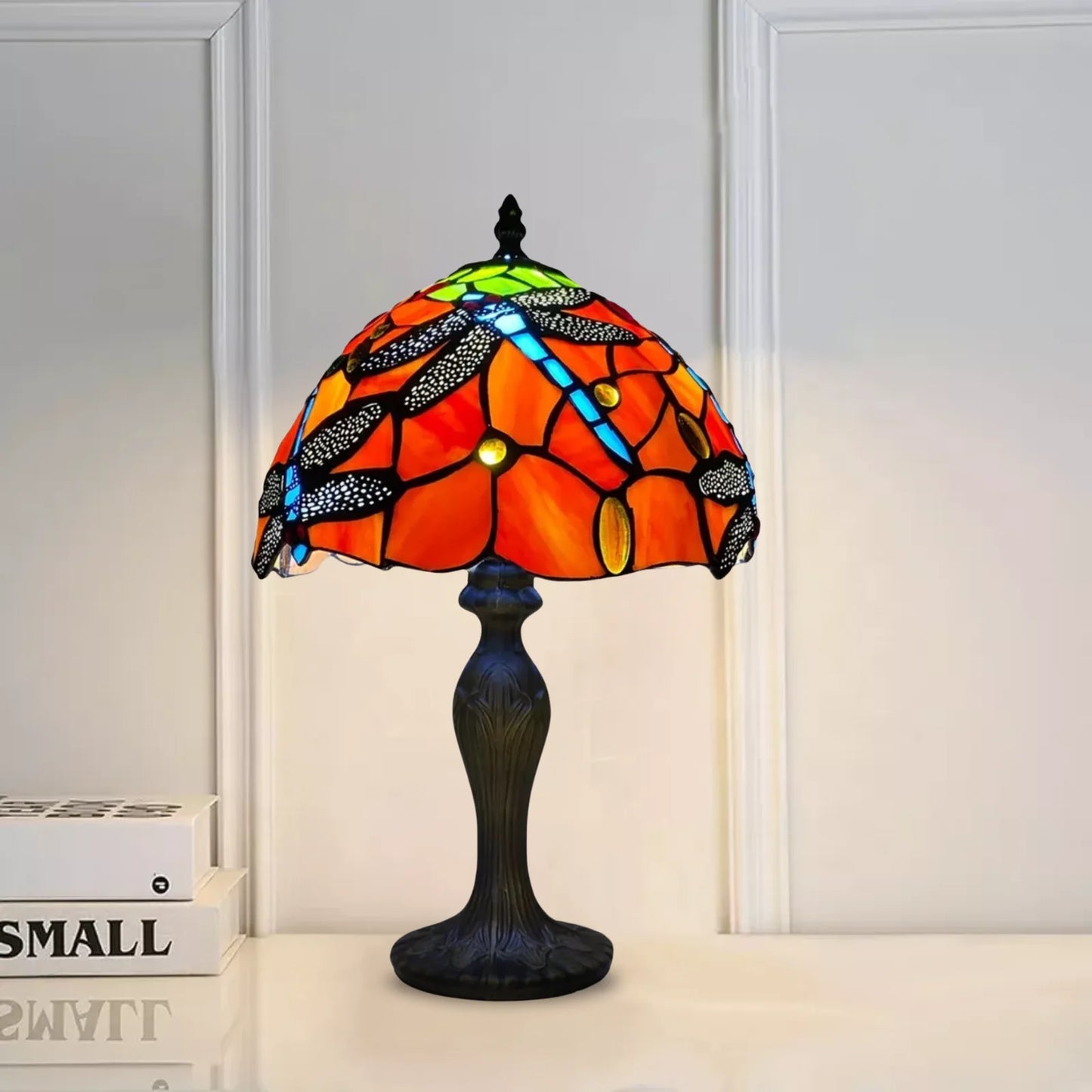Red Color 10 Inch Dragonfly Design Tiffany Style Table Lamp