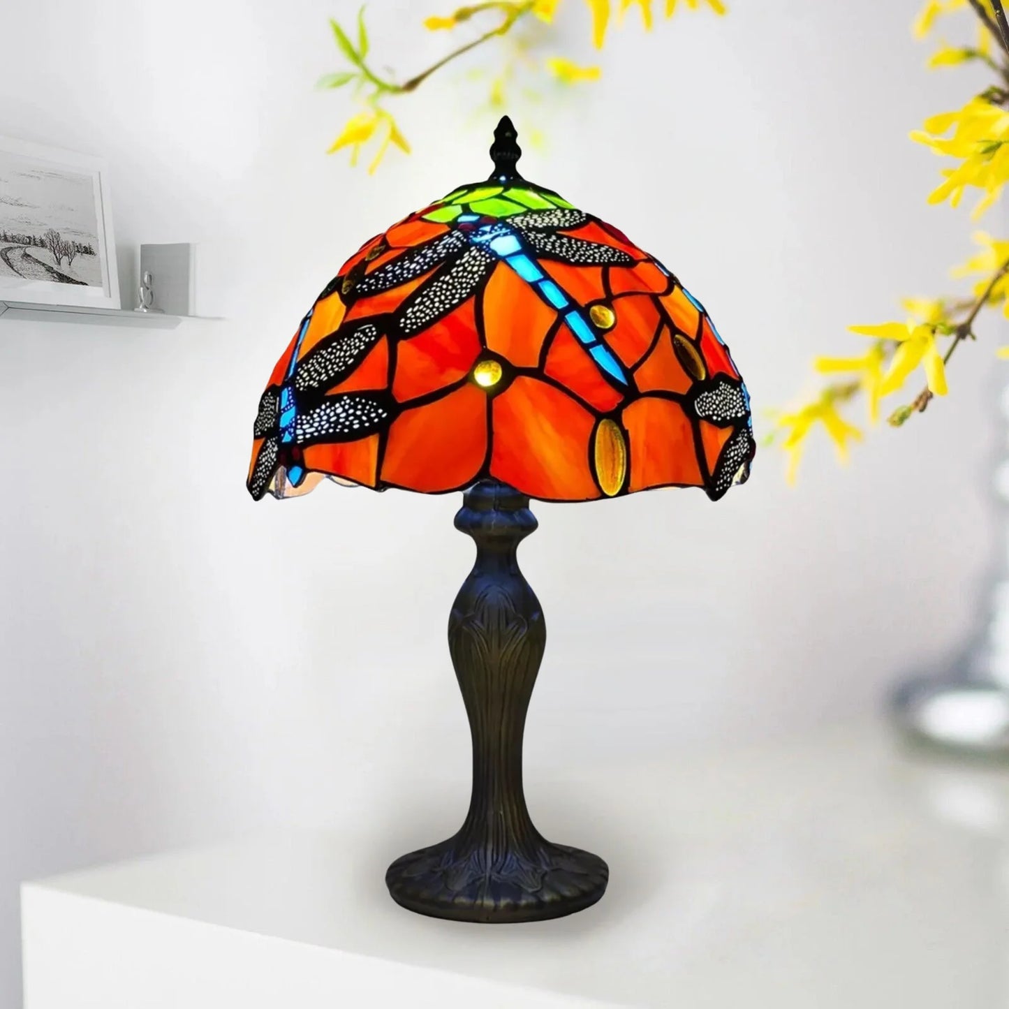 Red Color 10 Inch Dragonfly Design Tiffany Style Table Lamp