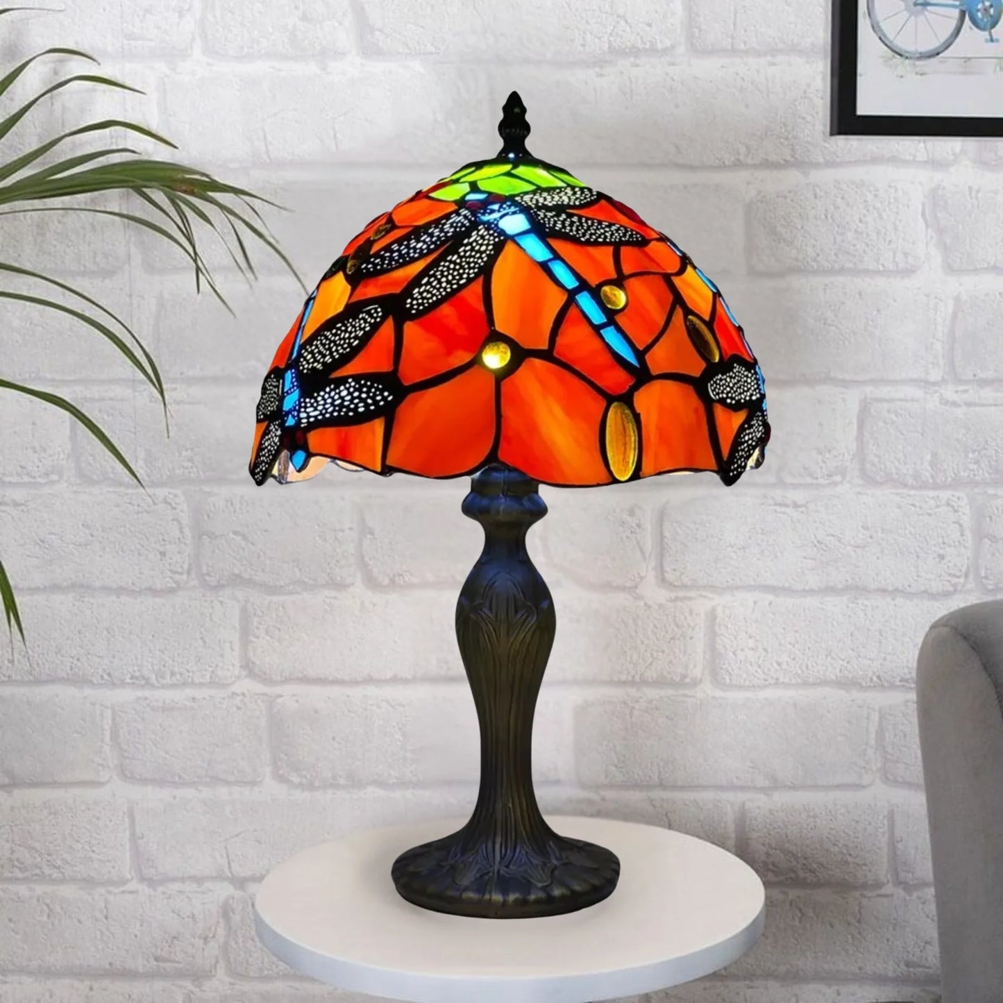 Red Color 10 Inch Dragonfly Design Tiffany Style Table Lamp