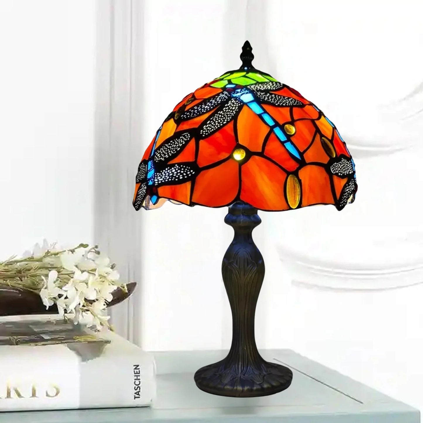 Red Color 10 Inch Dragonfly Design Tiffany Style Table Lamp