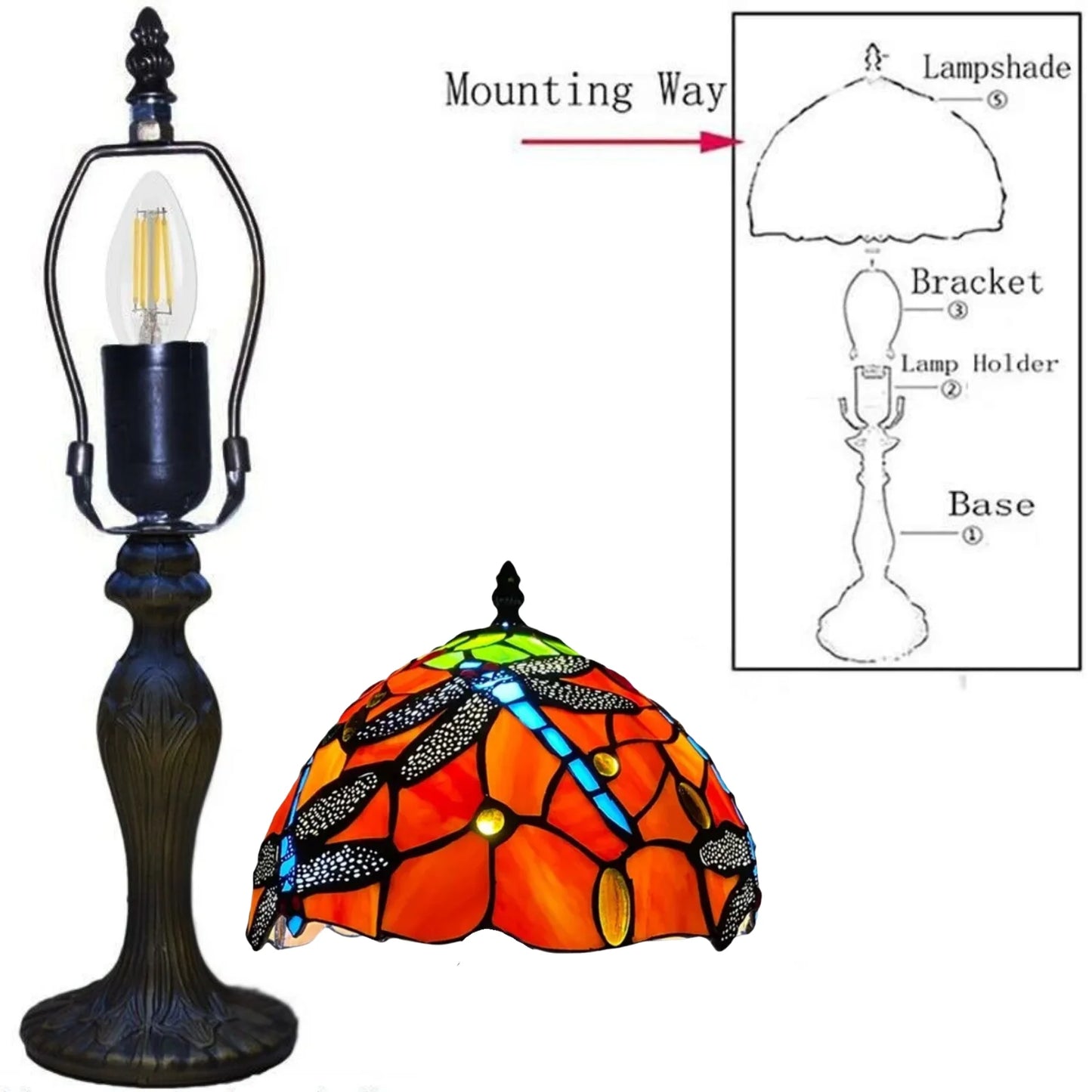 Red Color 10 Inch Dragonfly Design Tiffany Style Table Lamp