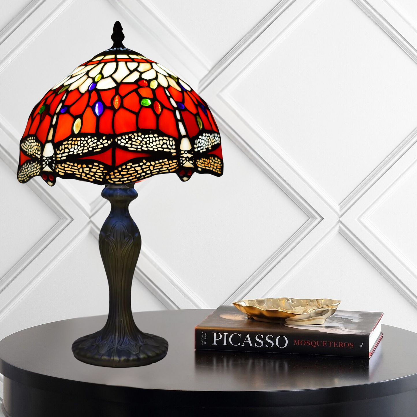 10 Inch Dragonfly Design Tiffany Style Table Lamp Hand Crafted Multicolor Stained Glass shade