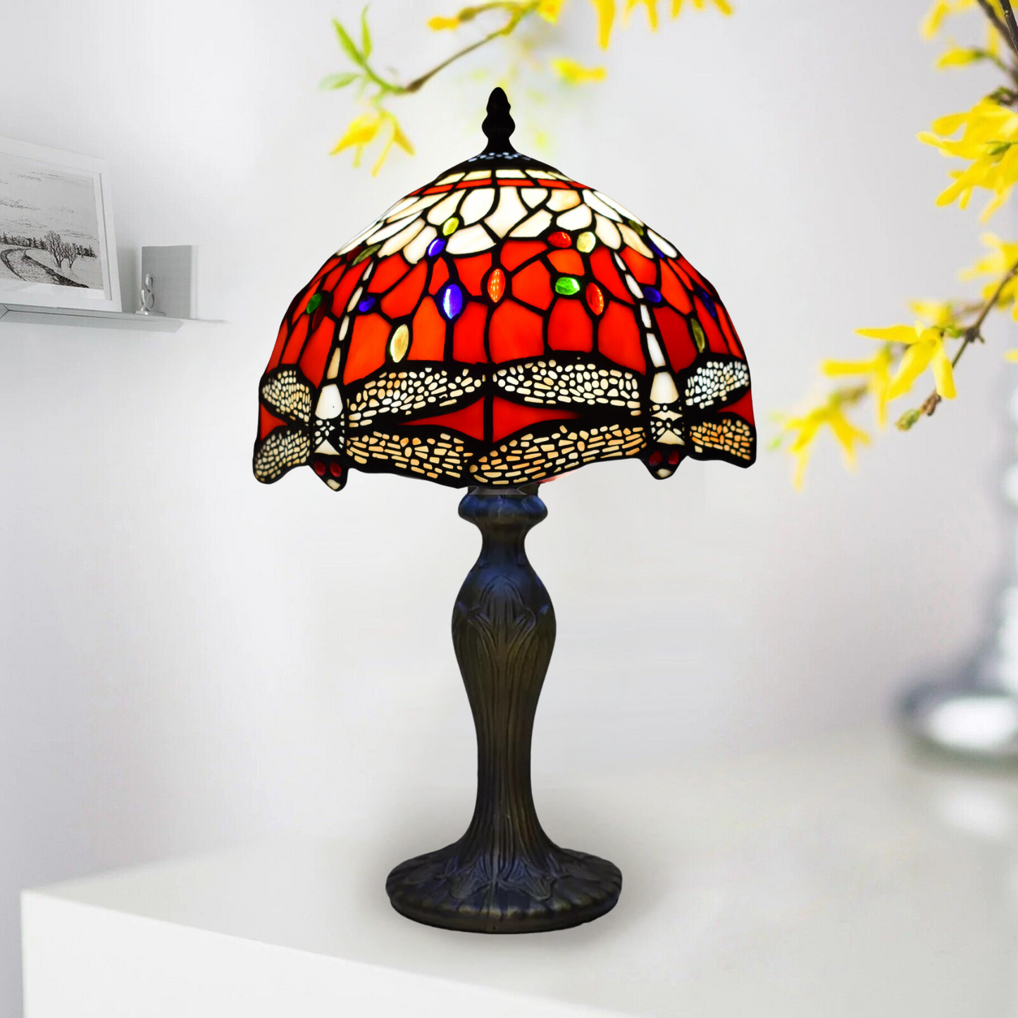 10 Inch Dragonfly Design Tiffany Style Table Lamp Hand Crafted Multicolor Stained Glass shade