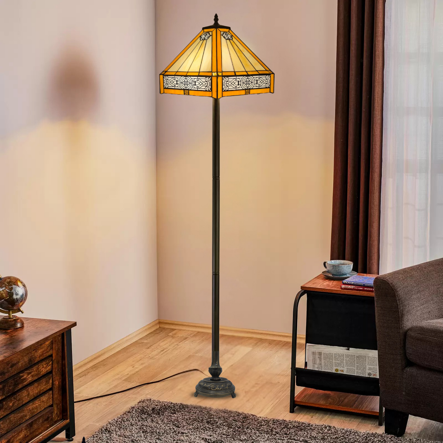 Yellow Hexagonal Tiffany Style Floor Lamp