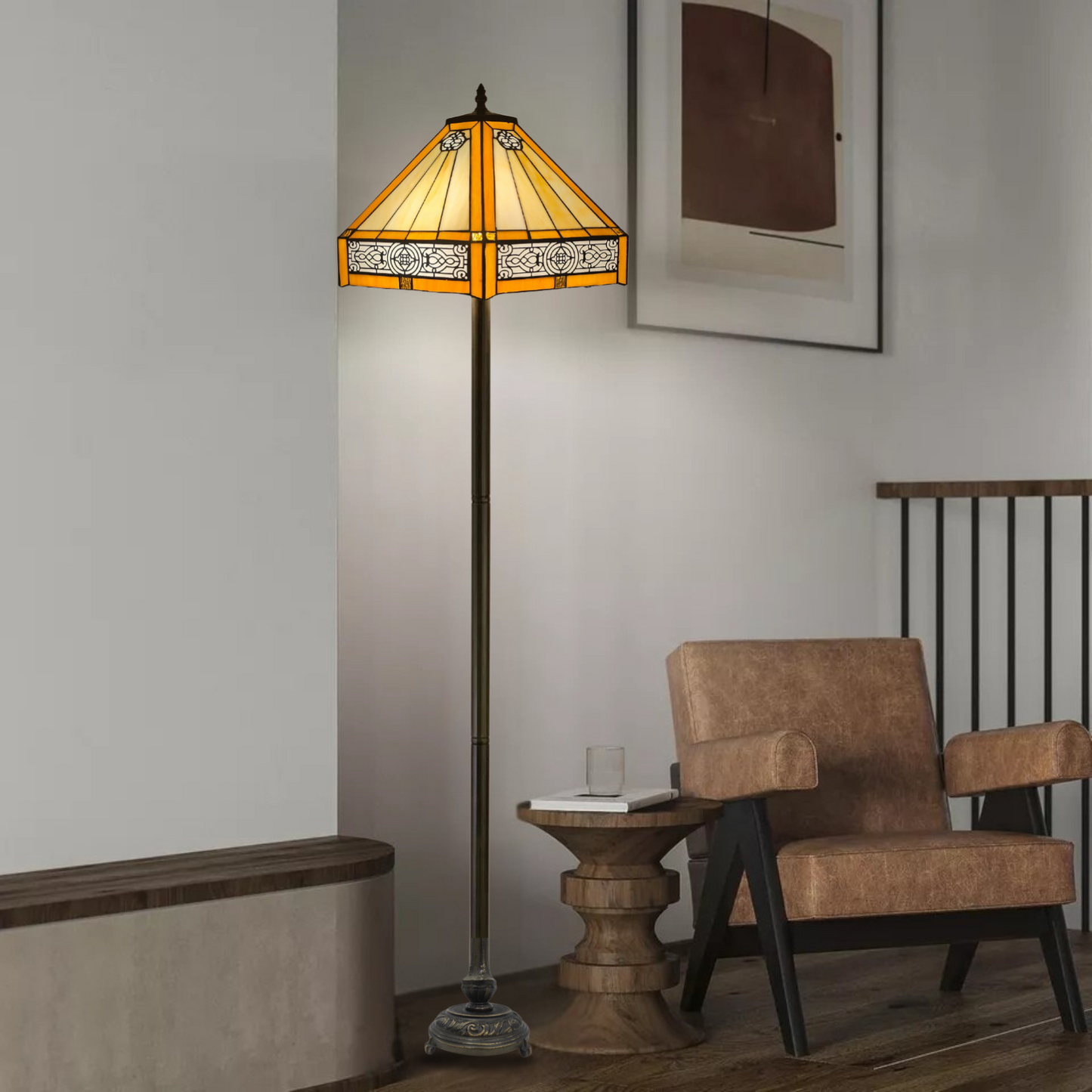 Yellow Hexagonal Tiffany Style Floor Lamp