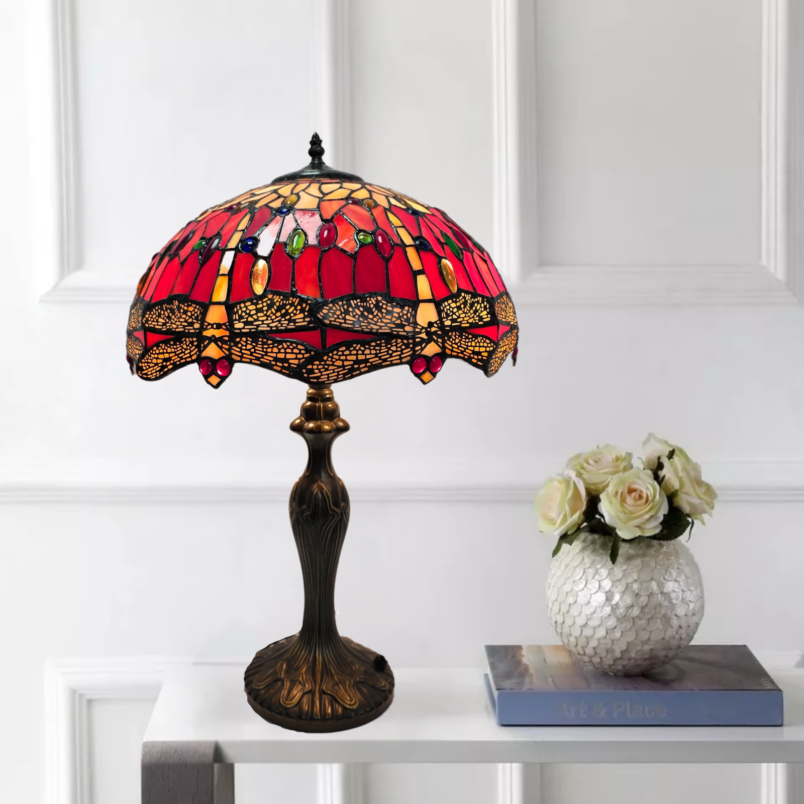 16 Inch Red Table Lamp Tiffany Style Stained Glass