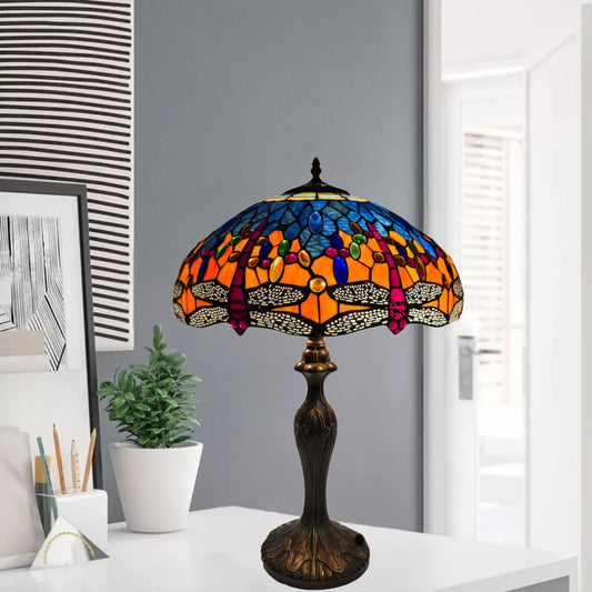 16 Inch Multicolor Dragonfly Design Tiffany Style Table Lamp