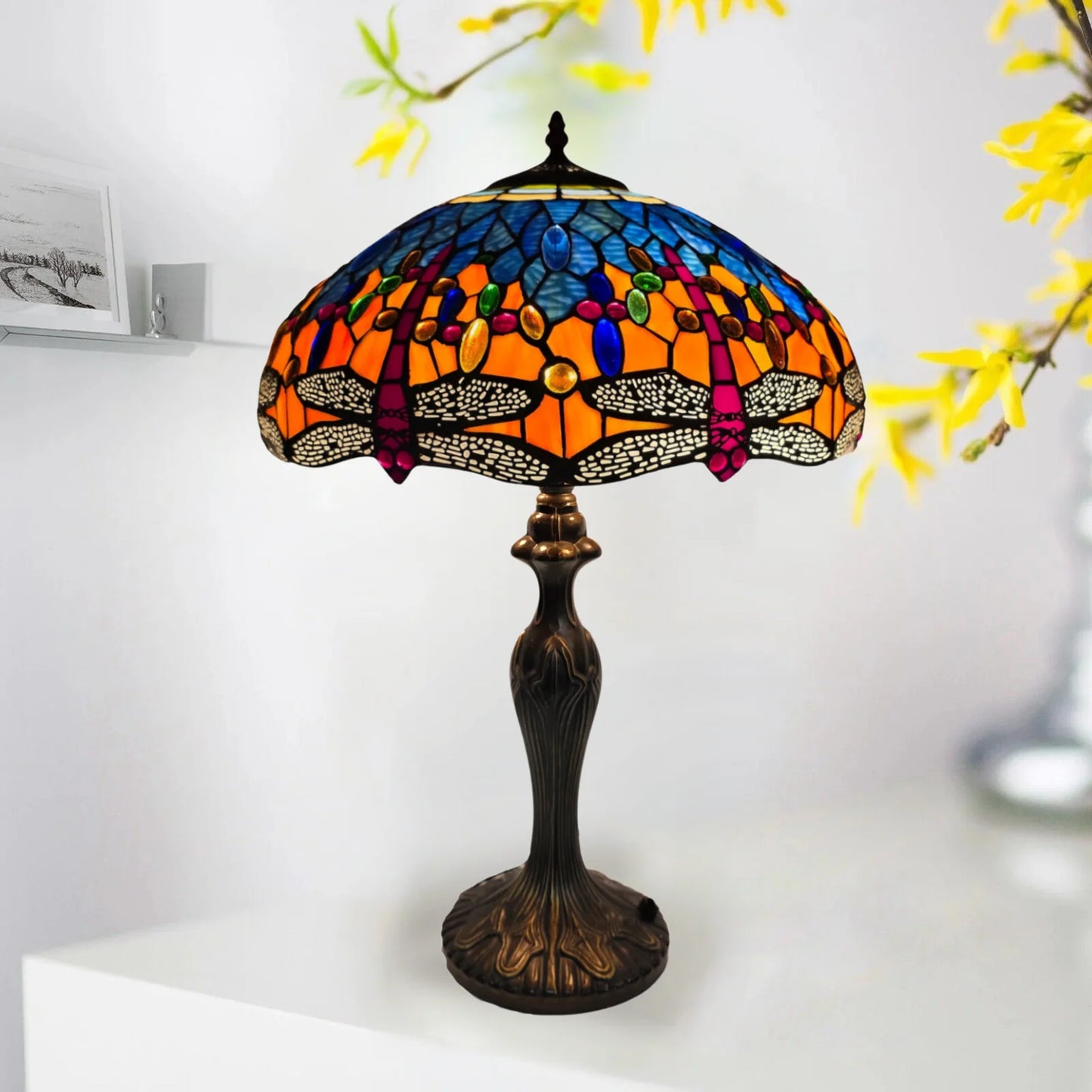 16 Inch Multicolor Dragonfly Design Tiffany Style Table Lamp