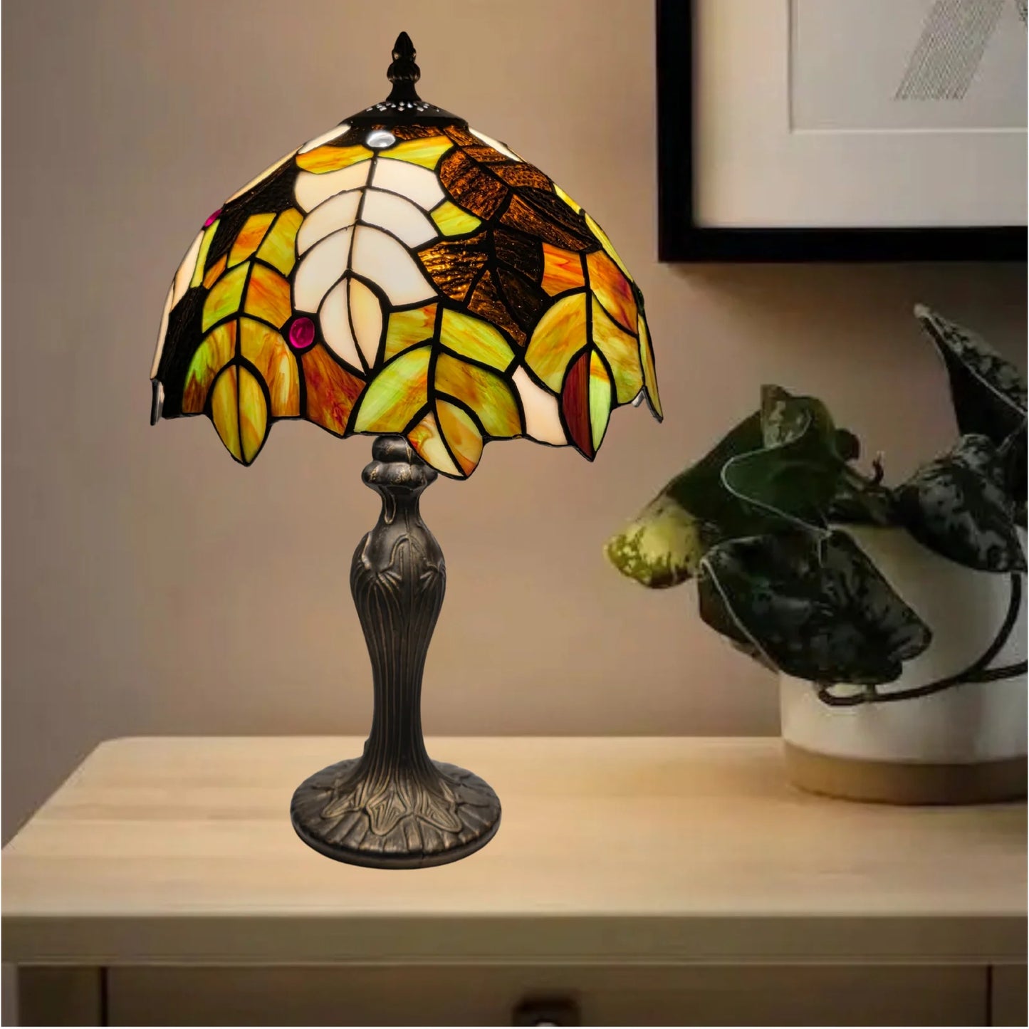 10 Inch Tiffany Style Leave design Stained Glass Table Lamp
