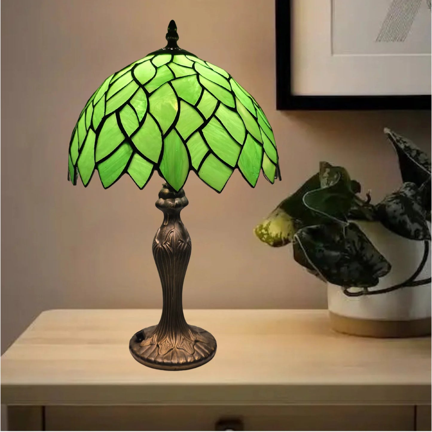 Green Tiffany Style Stained Glass 10 Inch Table Lamp