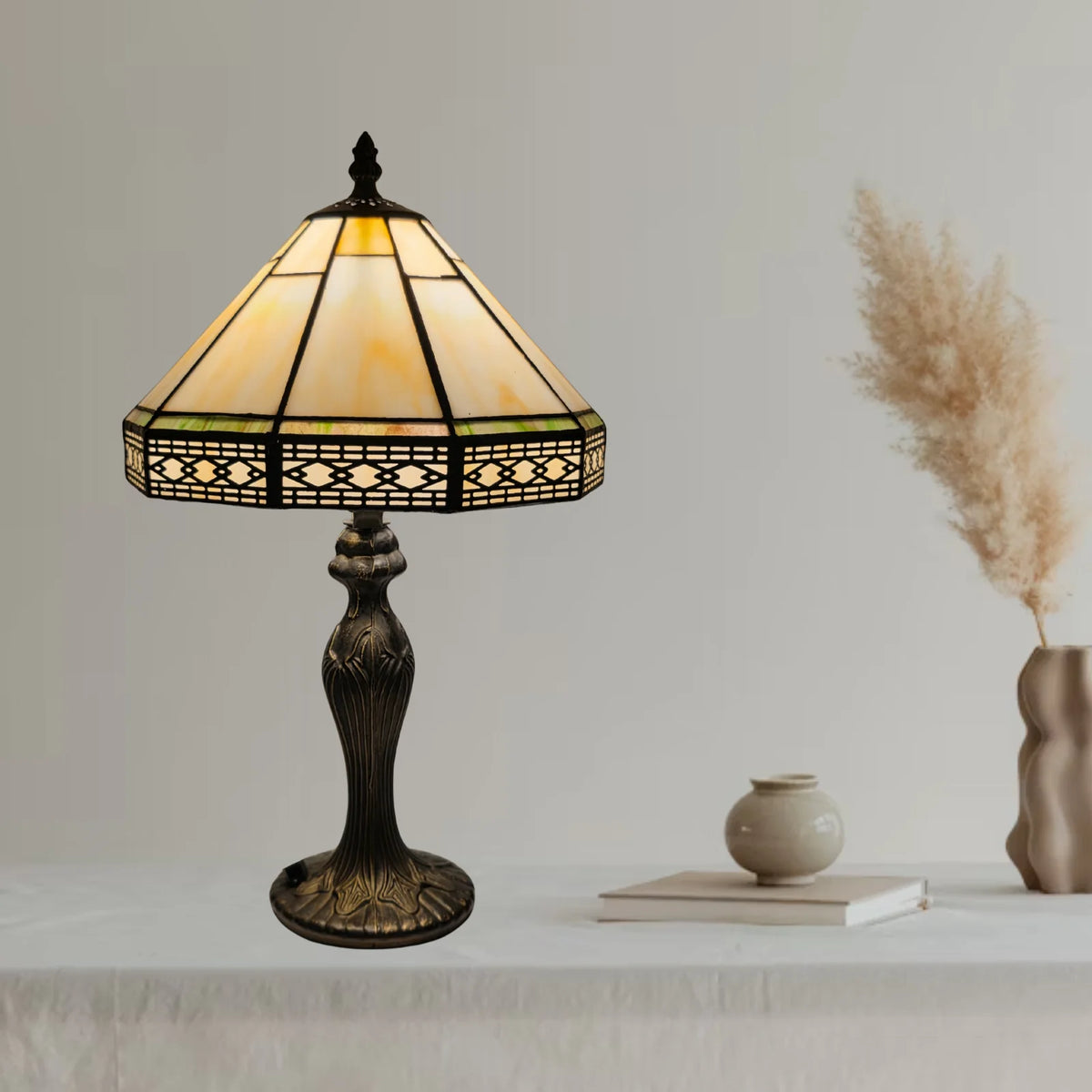 10 Inch Hexagonal Design Tiffany Style Stained Glass Table Lamp