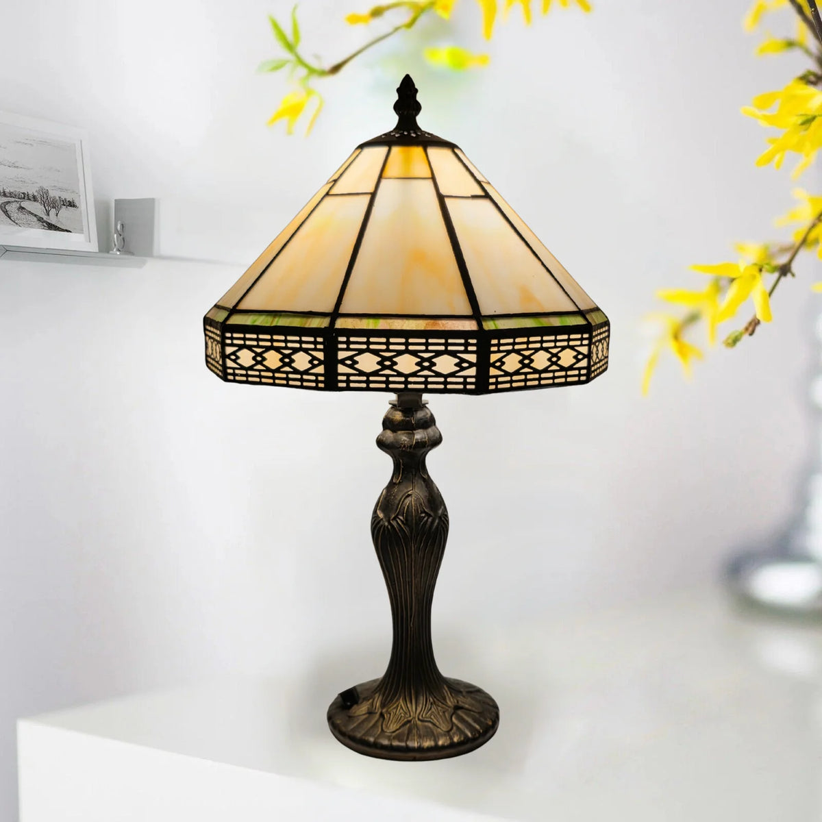10 Inch Hexagonal Design Tiffany Style Stained Glass Table Lamp