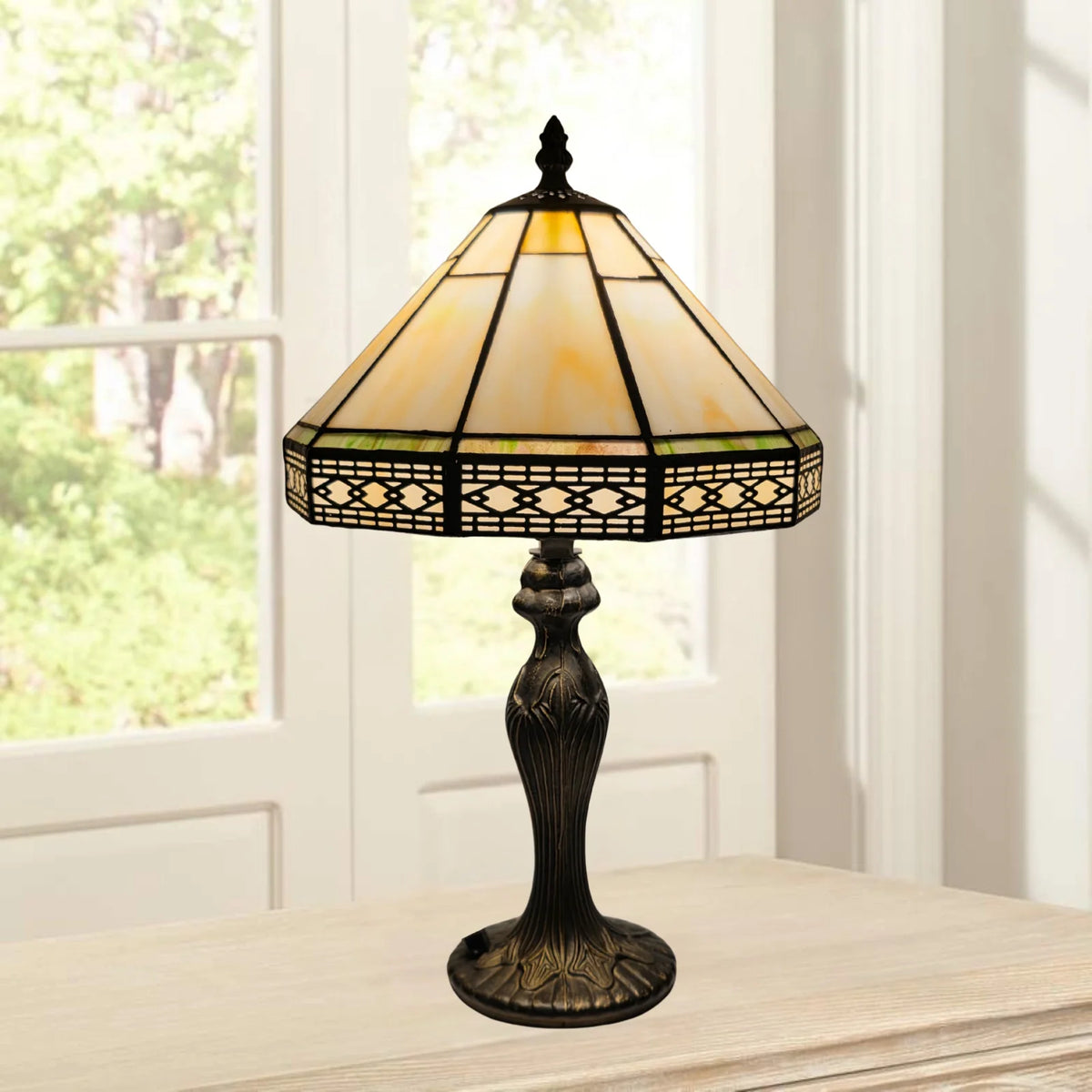 10 Inch Hexagonal Design Tiffany Style Stained Glass Table Lamp