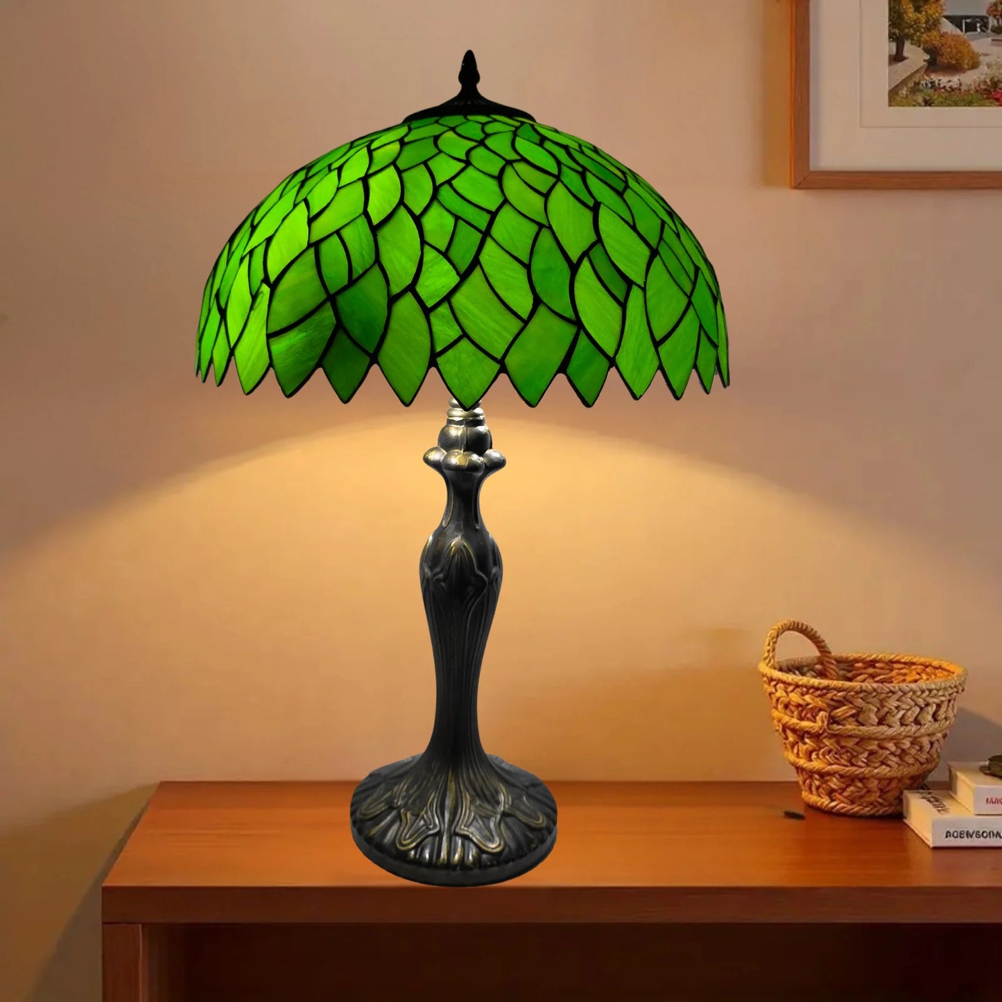 Green Tiffany Style Table Lamp 16 Inch Lampshade