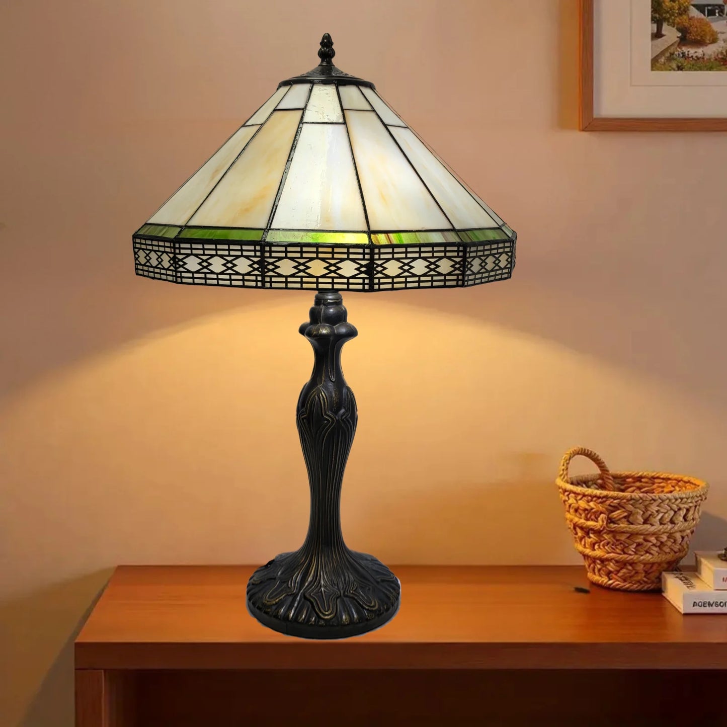 16 Inch Hexagonal Design Tiffany Style Table Lamp Stained Glass Lampshade