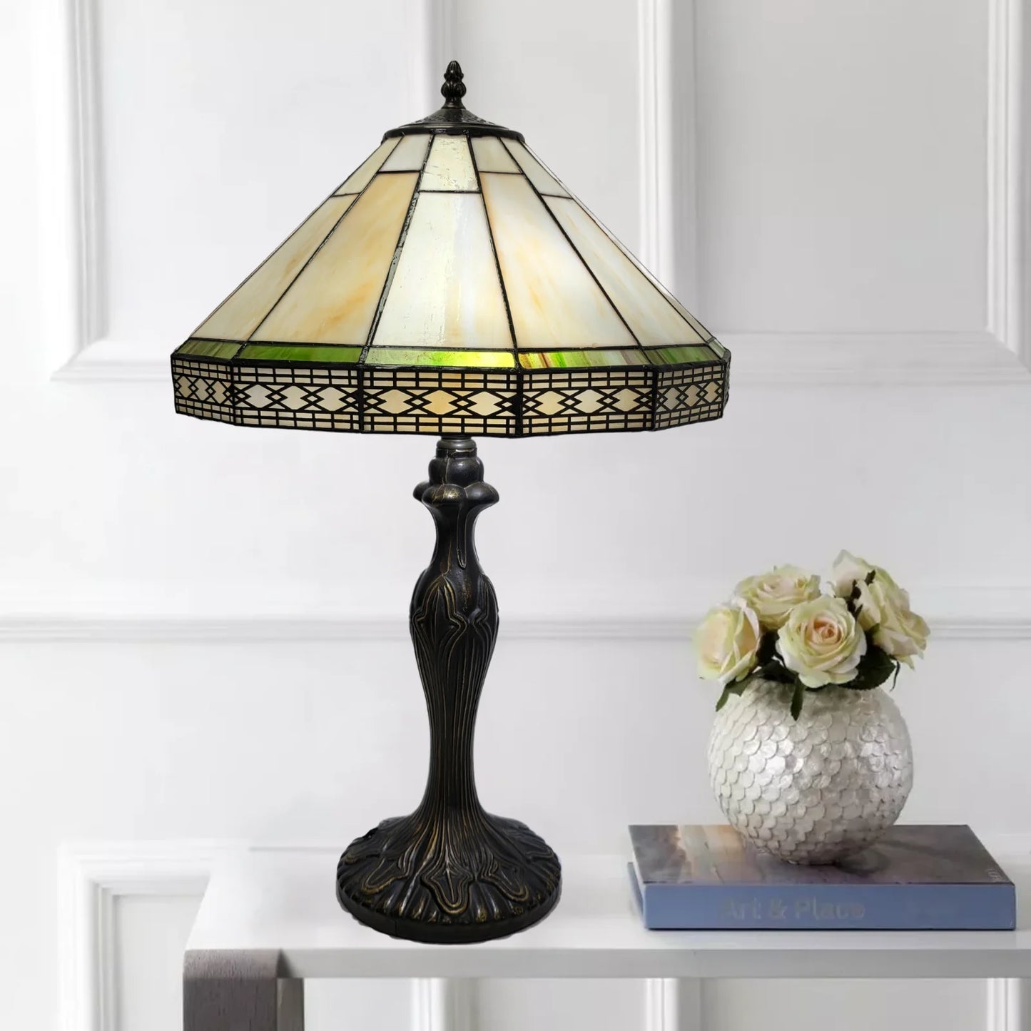 16 Inch Hexagonal Design Tiffany Style Table Lamp Stained Glass Lampshade
