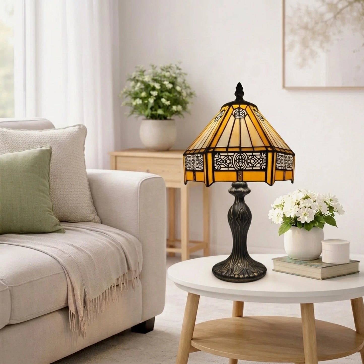 Yellow Hexagonal 8 Inch Tiffany Style Table Lamp Stained Glass Lampshade