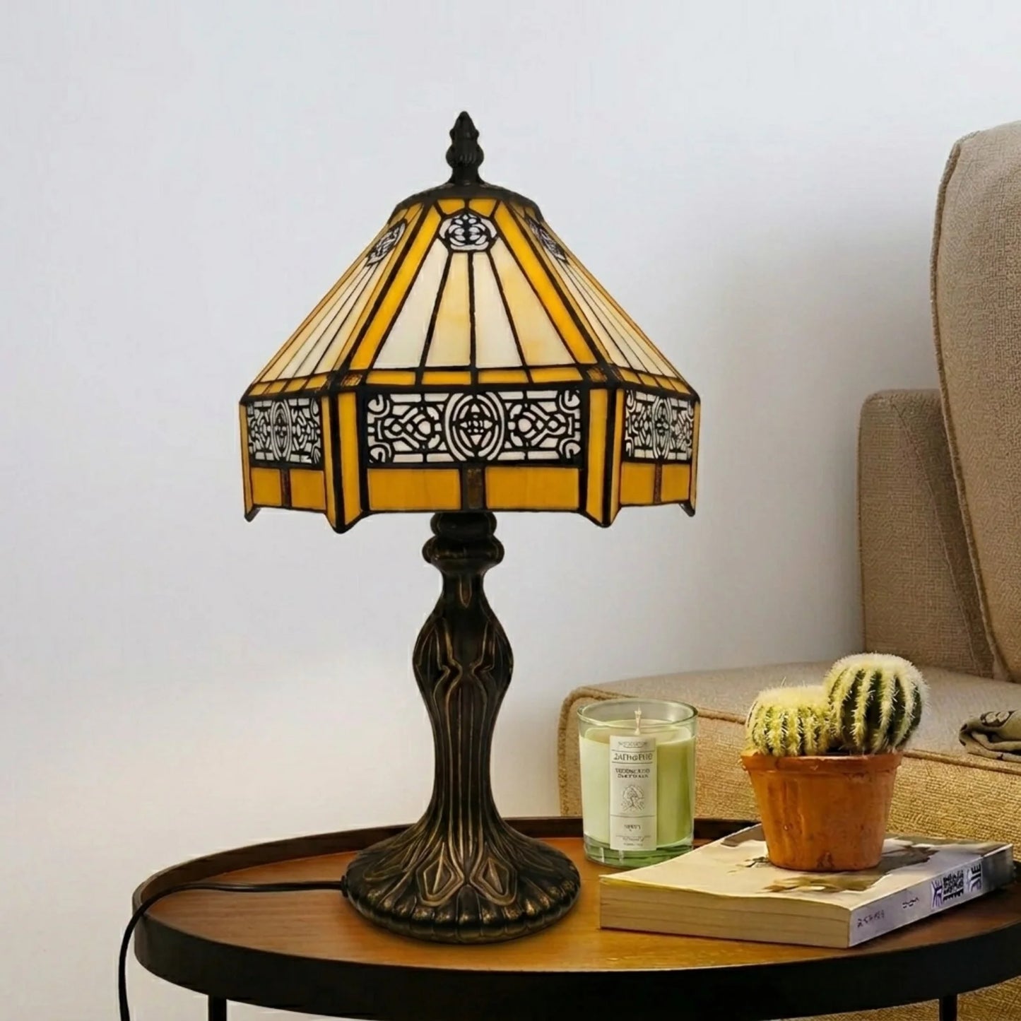 Yellow Hexagonal 8 Inch Tiffany Style Table Lamp Stained Glass Lampshade