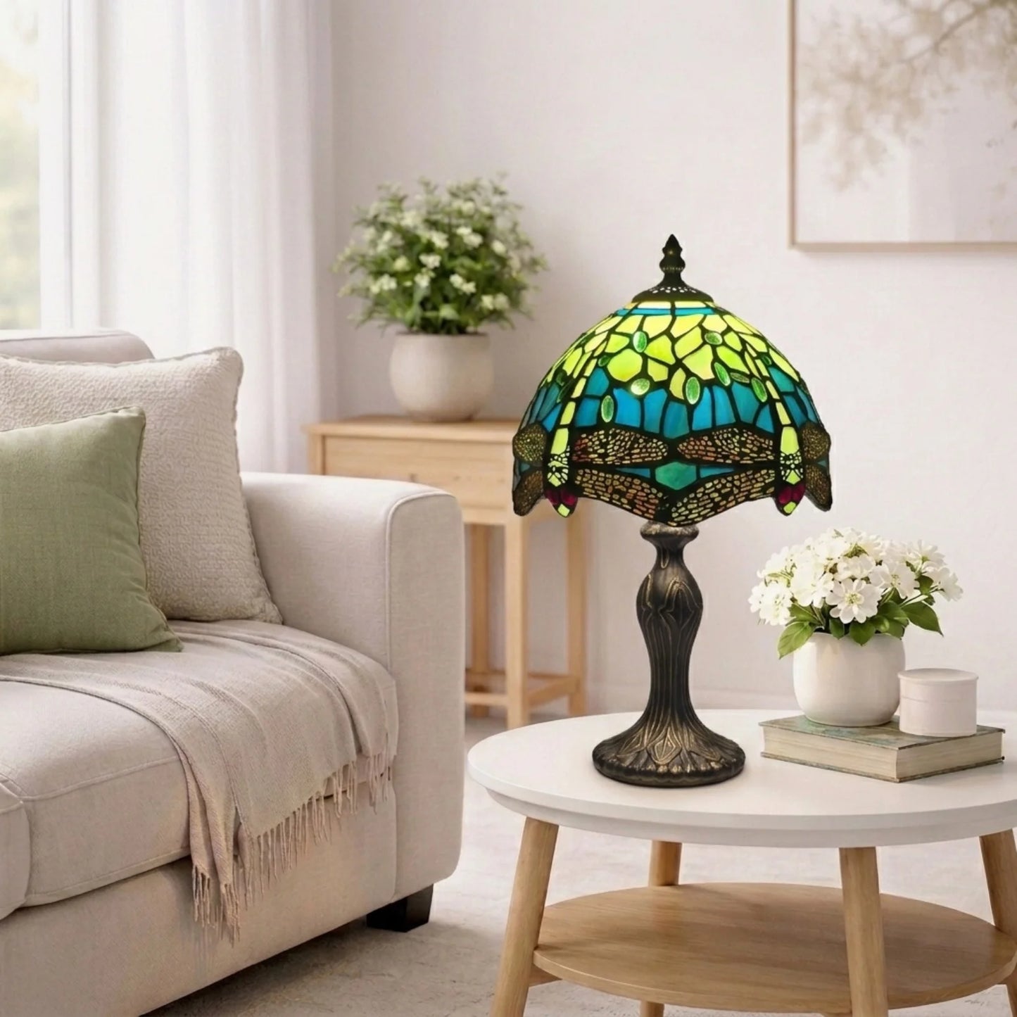Green Dragonfly Design 8 Inch Tiffany Style Table Lamp