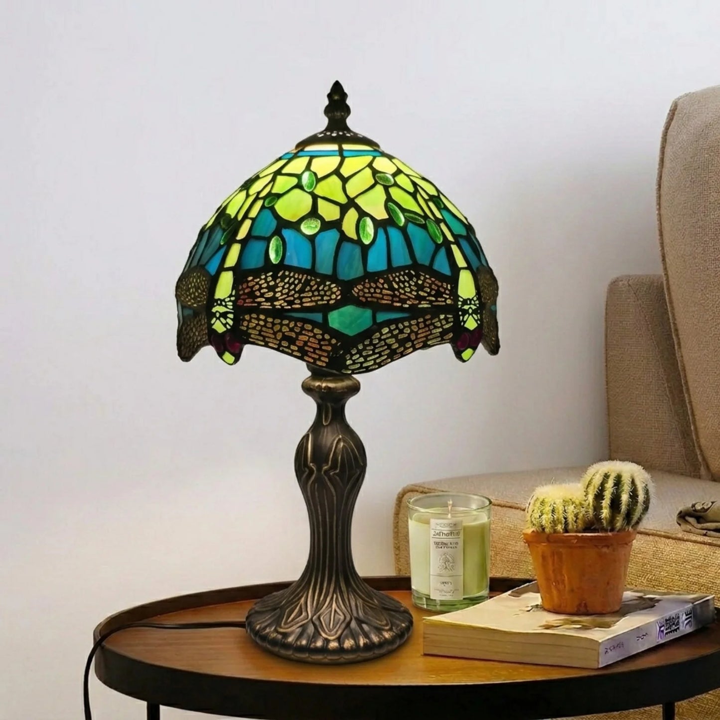 Green Dragonfly Design 8 Inch Tiffany Style Table Lamp