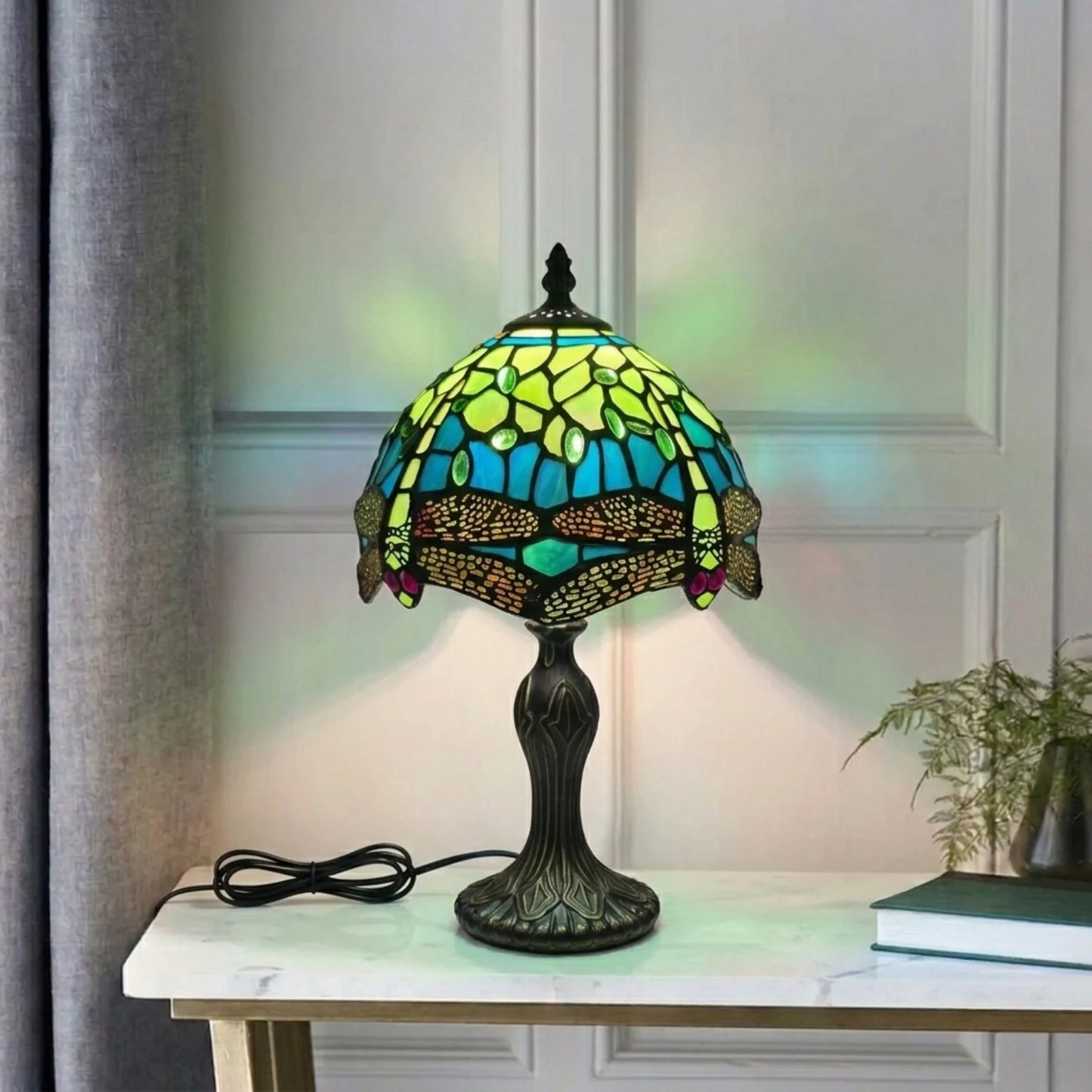 Green Dragonfly Design 8 Inch Tiffany Style Table Lamp