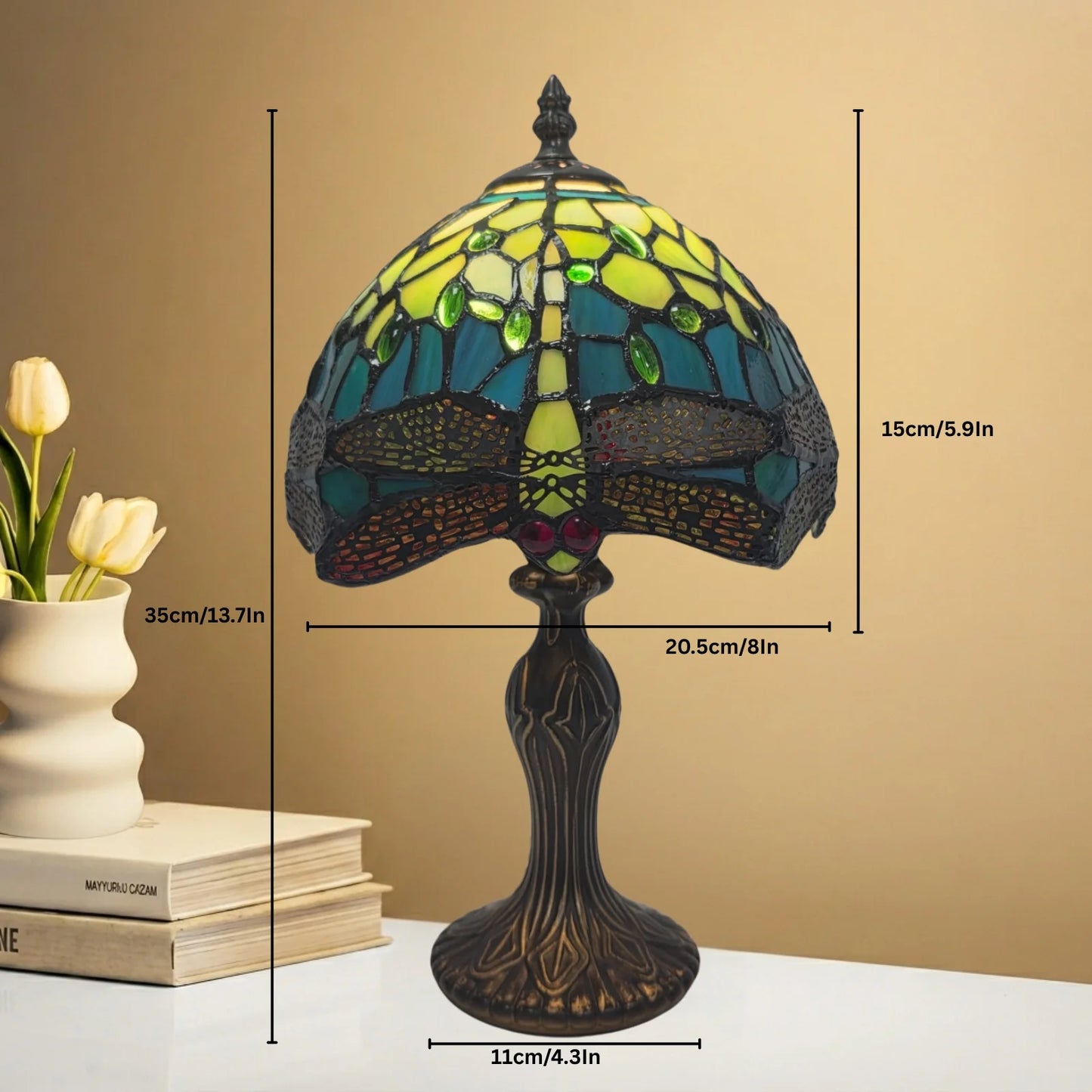 Green Dragonfly Design 8 Inch Tiffany Style Table Lamp