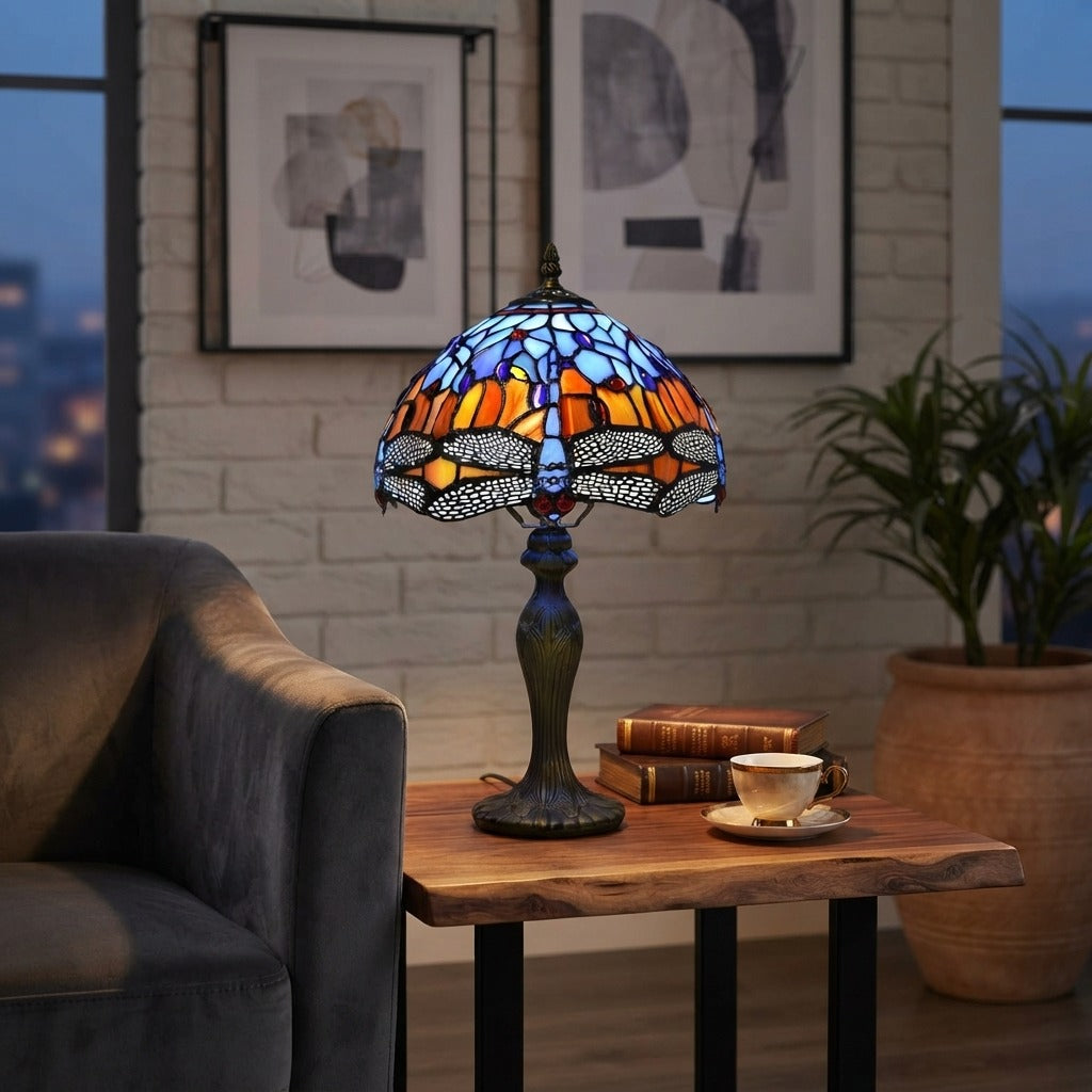 Vintage Tiffany Style Table Lamp Dragonfly Style 10 inch blue and orange Glass