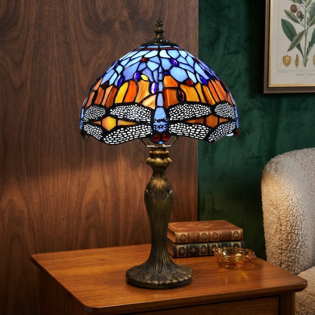 Vintage Tiffany Style Table Lamp Dragonfly Style 10 inch blue and orange Glass